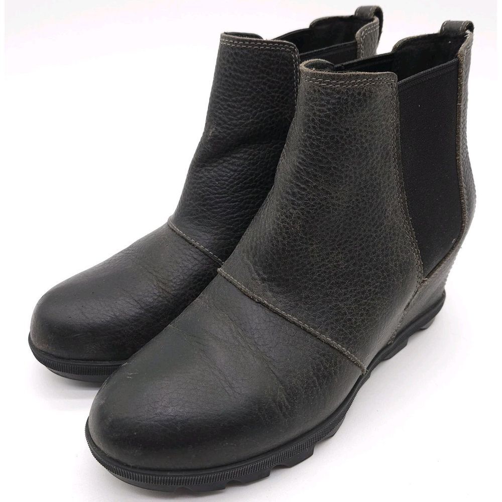 Sorel Womens 9.5 Joan Of Arctic Hidden Wedge Slip On Leather Chelsea Boots Black